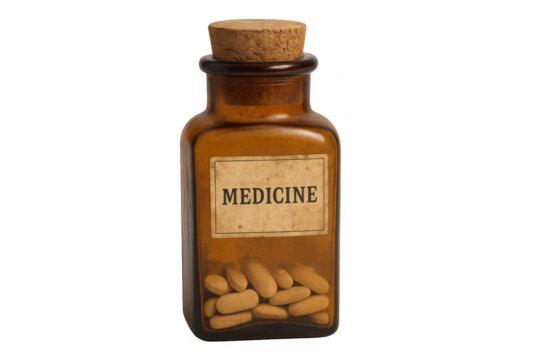 Vintage medicine bottle filled with pills, featuring a cork stopper and old label, on a transparent background - Powered by Adobe