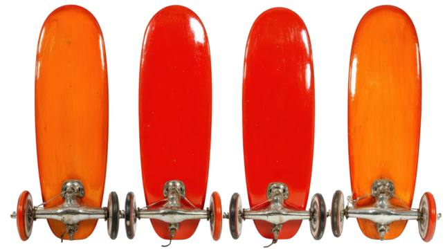 Row of skateboards waiting for riders multiple skateboards are neatly arranged side by side