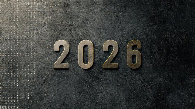 Metallic 3d numbers spelling out the year 2026 on a textured dark background - Powered by Adobe