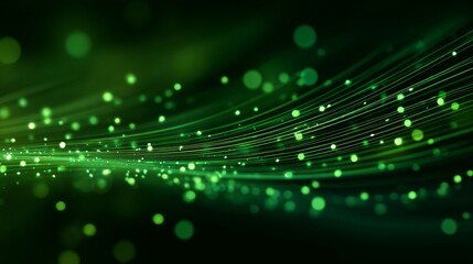 Dynamic green light streaks and bokeh particles create a futuristic, abstract technological background perfect for data visualization or network themes.