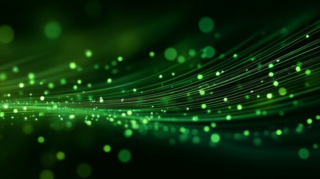 Dynamic green light streaks and bokeh particles create a futuristic, abstract technological background perfect for data visualization or network themes.