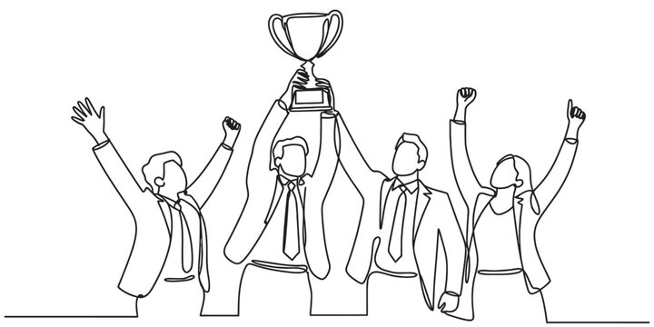 Jubilant business team, single line art, raising a gleaming trophy in celebration of their collective success, accomplishment and triumph. Vector
