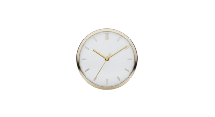 Elegant gold clock isolated on transparent background, minimalist design with a clean face and delicate hands marking the passage of time