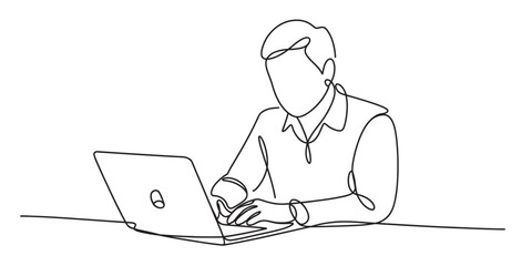 Minimalist continuous line art drawing of a man working on a laptop, depicting remote work, online learning, and digital technology concepts with clean strokes. Vector