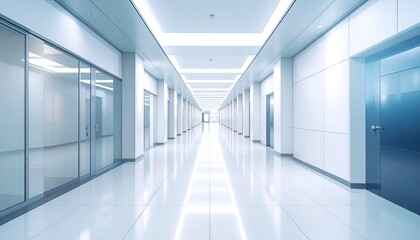 Long, bright, sterile hallway stretches to vanishing point