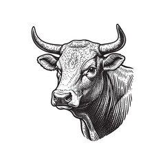 cow farm Head with Nose Ring Engraving Vector Illustration