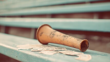 Fototapeta premium Worn horn and tickets on bleacher bench