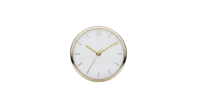 Elegant gold clock isolated on transparent background, minimalist design with a clean face and delicate hands marking the passage of time