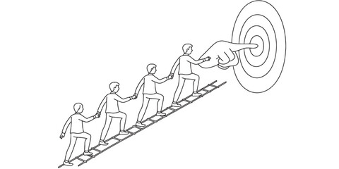 Teamwork climbing ladder to success with leadership guidance pointing towards a business target, illustration of collaborative progress and goal achievement Vector