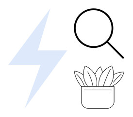 Lightning bolt, magnifying glass, and potted plant highlight ideas of energy, discovery, and growth. Ideal for renewable energy, environmental studies, business growth, research innovation