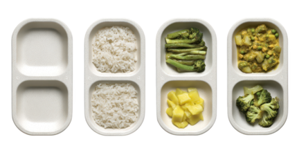 Four white food containers hold various edibles set of three plastic vessels contain different meals