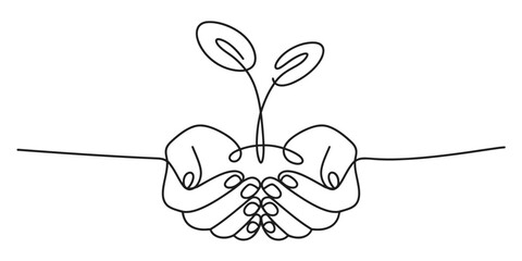 Continuous line art drawing of two cupped hands holding a small plant seedling, symbolizing nature's growth, care, protection, and sustainability. Vector