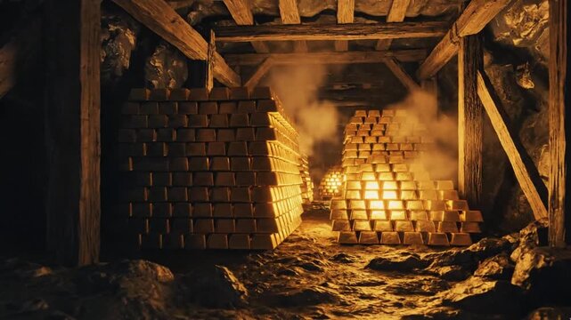 inside a dimly lit gold mine tunnel with stacks of glowing gold bars piled