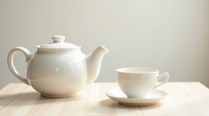 White ceramic teapot and teacup with saucer on light wooden table