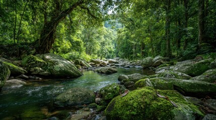 Obraz premium A serene river flows through a dense forest with moss covered rocks and vibrant green foliage.
