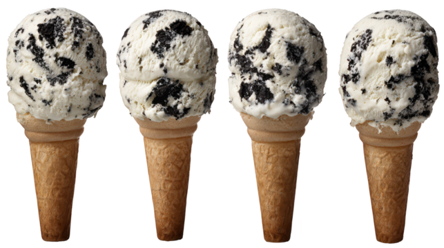 Four ice cream cones with various delicious flavors variety of frozen treats in cones visually appealing