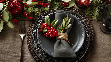 A festive holiday table setting with dark plates, berries, greenery, and a rustic woven placemat
