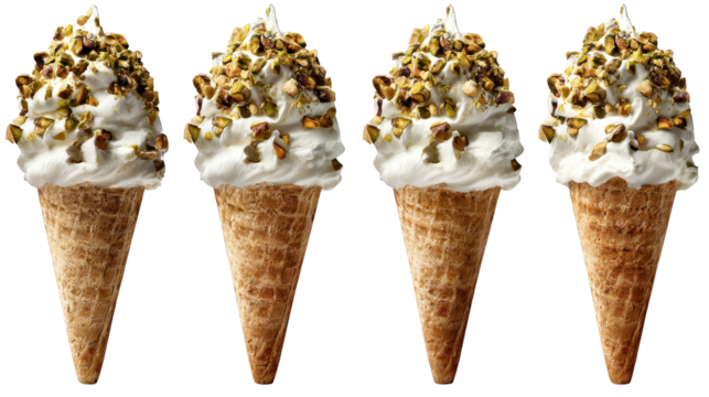 Four ice cream cones with delightful toppings cones of ice cream are topped with colorful sweets - Powered by Adobe