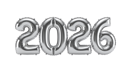 Silver foil balloon numbers 2026 isolated on transparent background the balloons are shiny and reflective, and they are arranged in a row