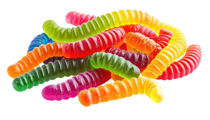 Colorful gummy worms, piled together, against a dark backdrop