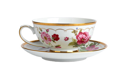 Delicate tea cup and saucer with floral detail, isolated