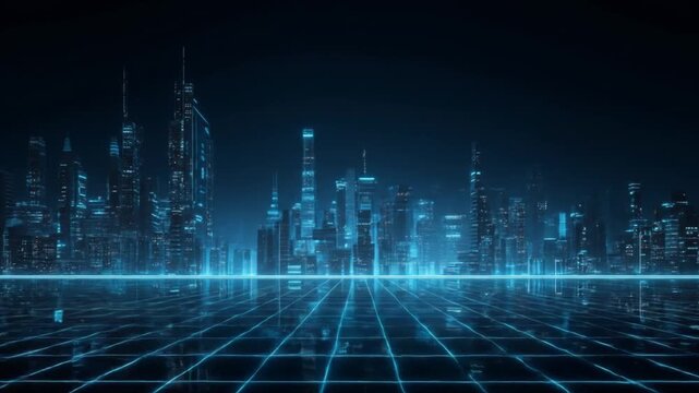 Futuristic blue city skyline glows above a luminous grid, neon towers pierce the dark night, horizon