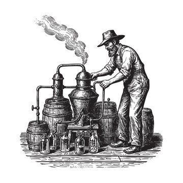 Man Operating Moonshine Still Alcohol Engraving Vector Illustration