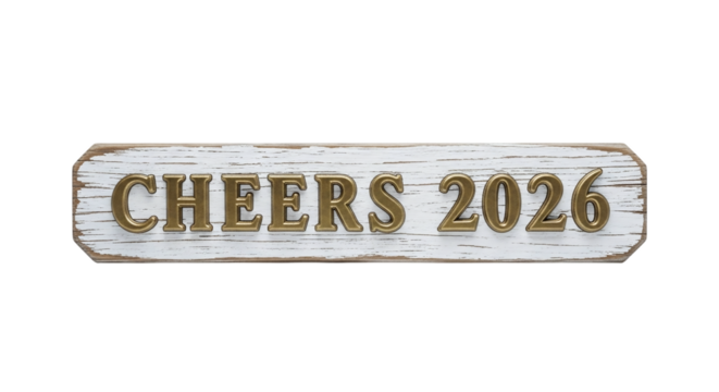 Cheers 2026 sign on a distressed white wooden plank isolated on transparent background the letters are gold and have a 3d effect
