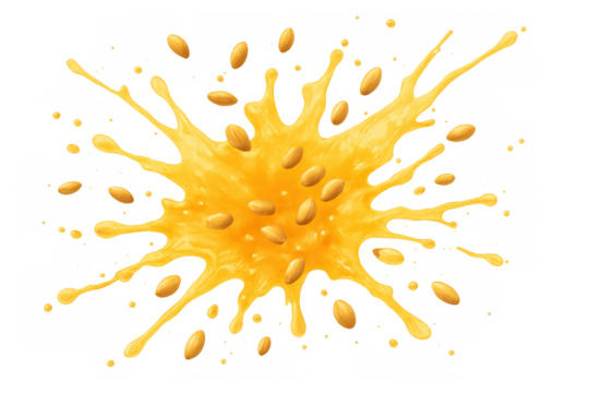 Almond nuts splashing in a dynamic orange liquid. Flying almonds creating a vibrant, energetic burst, transparent background