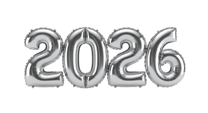 Silver foil balloon numbers 2026 isolated on transparent background the balloons are shiny and reflective, and they are arranged in a row