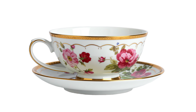Delicate tea cup and saucer with floral detail, isolated