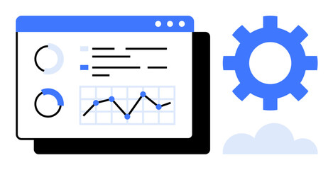 Analytics dashboard with charts and graphs, gear icon for optimization, and cloud symbol. Ideal for data management, productivity, digital tools, cloud systems, business growth strategy, technology