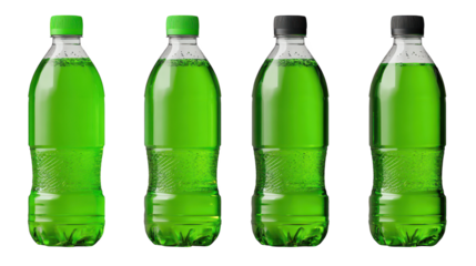 Four water bottles with green labels are displayed bottled water with distinct green labels stands ready