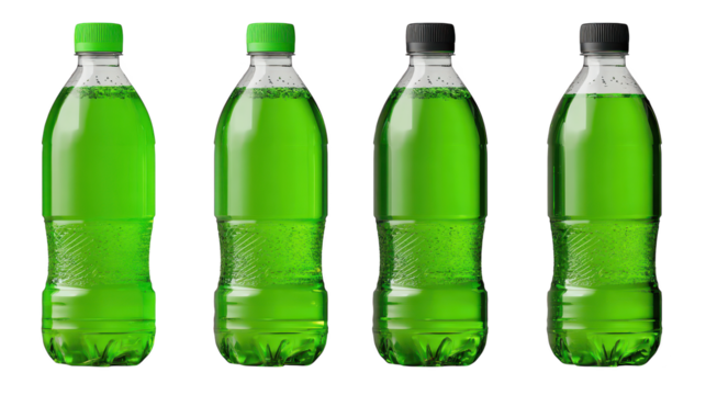 Four water bottles with green labels are displayed bottled water with distinct green labels stands ready