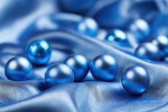 Blue pearls scattered on a smooth blue satin fabric. The scene highlights the elegance and luxury of the pearls against the soft texture of the fabric.