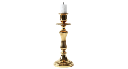 Elegant gold candlestick holder with a white candle isolated on transparent background, perfect for adding a touch of sophistication to any setting