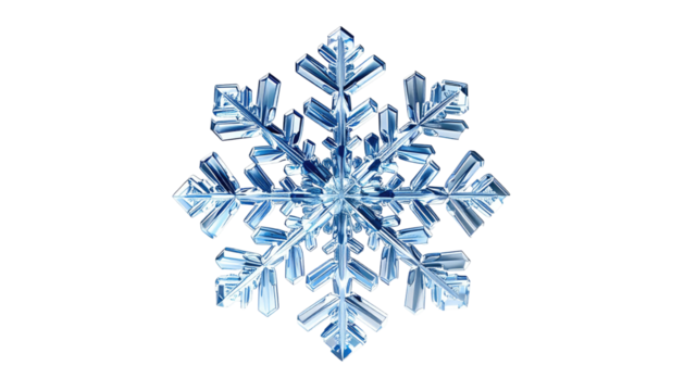 Crystal clear, multifaceted, six-sided snowflake on black