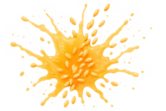 Yellow juice splash exploding with melon seeds spreading outwards on transparent background