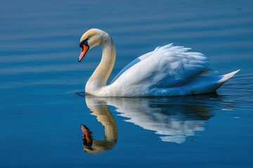 Fototapeta premium A graceful white swan glides across calm blue water, creating a clear reflection. The scene captures the beauty of nature and tranquility.