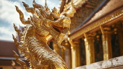 Fototapeta premium A golden statue of a mythical creature shining brilliantly in the midday sun at a historic temple courtyard