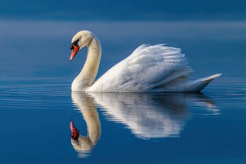 Fototapeta premium A graceful white swan glides across a calm blue lake, creating a perfect reflection on the water's surface.
