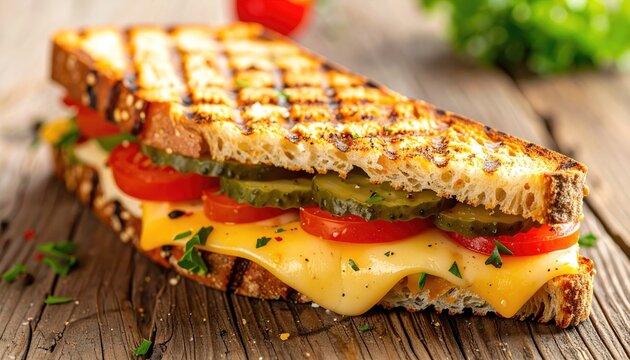 Delicious Grilled Cheese Sandwich With Tomato And Pickle Slices Melty Cheese And Toasted Bread On A Rustic Wooden Table With Herbs Scattered Around And Grill Marks Visible - Powered by Adobe