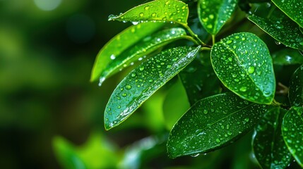 Fototapeta premium A macro shot of dew on green leaves reflecting the surrounding garden in crisp detail