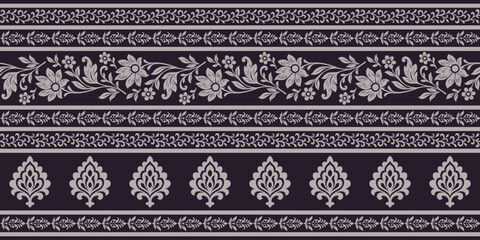 Obraz premium Floral ethnic pattern with elegant leaves and flowers in horizontal stripes creating beautiful decorative design for textile or wallpaper