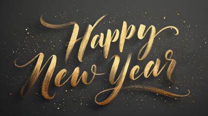 Elegant golden calligraphy lettering reads happy new year with subtle sparkling glitter accents on a dark background