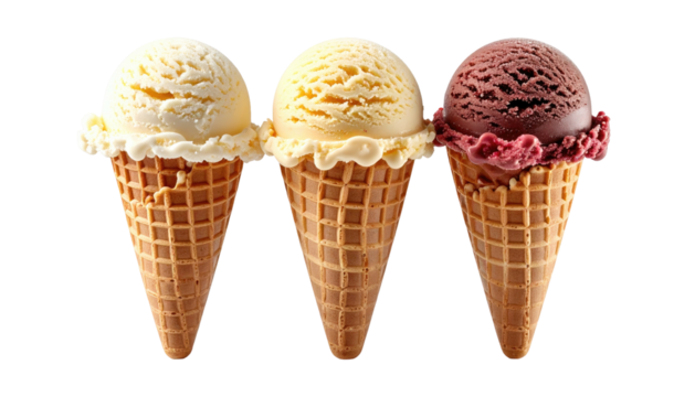 Three ice cream cones, vanilla, yellow, and chocolate