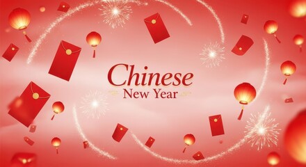 Chinese new year celebration with red envelopes and lanterns, festive background with fireworks and glowing lights