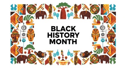 Black history month celebration with african cultural symbols, masks, elephants, and trees in a decorative border