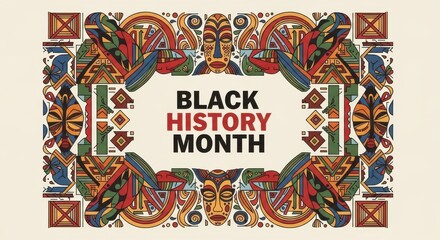 Celebrate black history month with vibrant, culturally inspired artwork featuring traditional patterns and masks, symbolizing heritage and pride