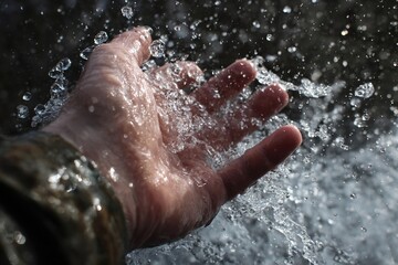 A close-up of a human hand reaching out to splash water. The hand is male, Caucasian, with visible droplets of water in motion.